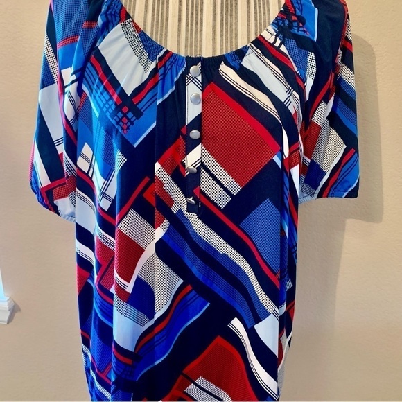 Notations Tunic Top 1X Red White Blue Short Sleeves Buttons Stretchy Boat Neck - Picture 3 of 15